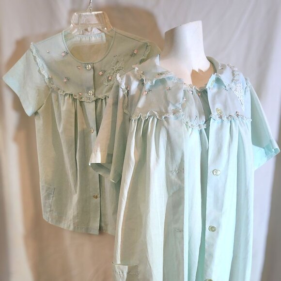 Vintage 60s 70s Sears Nightgown Robe & Shirt 3pc Set Blue Floral Lace Size S/M - Picture 2 of 10